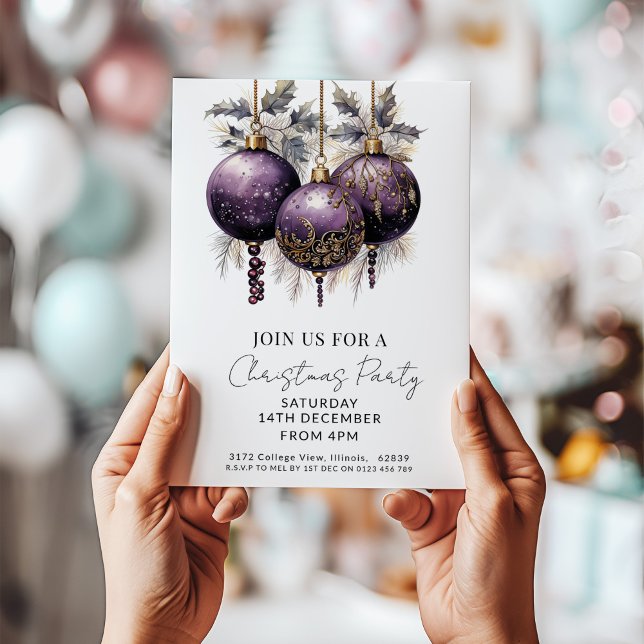 Convite Purple & Gold Elegant Christmas Party  (Criador carregado)