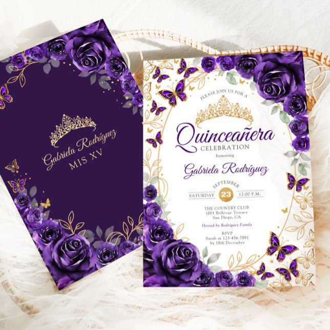 Convite Purple Gold Floral Quinceanera (Criador carregado)