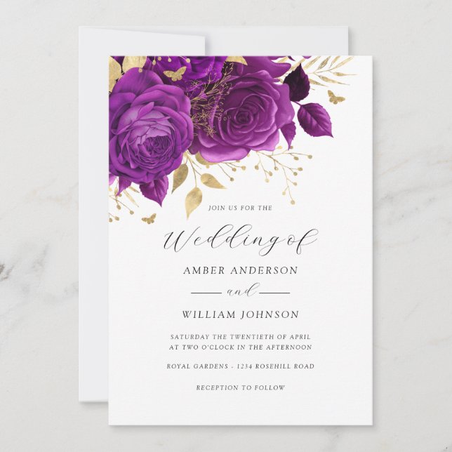 Convite Purple Gold Floral Rose Wedding   (Frente)