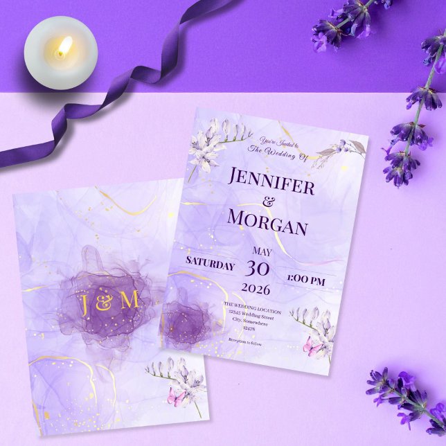Convite Purple Gold Gothic Floral Wedding Invitation (Criador carregado)