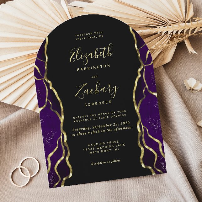 Convite Purple Gold Ink Dark Arch Wedding Invitation (Criador carregado)