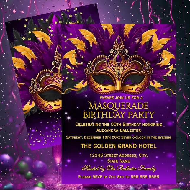 Convite Purple Gold Masks Masquerade Birthday Party (Criador carregado)