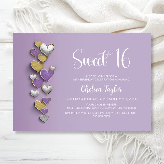 Convite Purple Gold Silver Heart Theme Sweet 16 Birthday (Criador carregado)