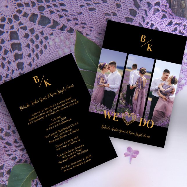 Convite Purple & Gold Stylish Lace Vertical 3 Multi Photos (Purple & Gold Stylish Lace Vertical 3 Multi Photos Collage for Wedding.)