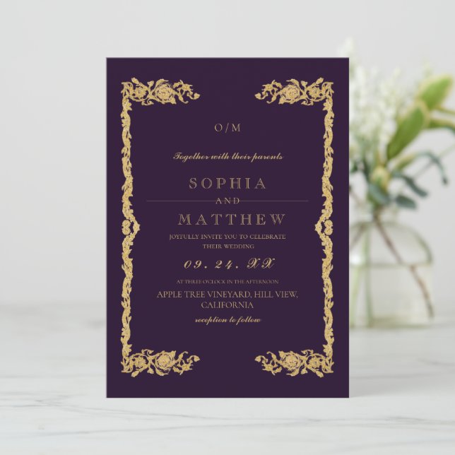 Convite  Purple Gold Wedding Photo Invitation (Em pé/Frente)