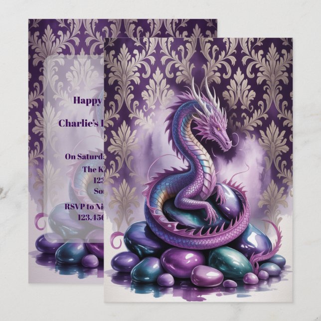 Convite Purple Gothic Dragon Birthday Party Bash (Frente/Verso)
