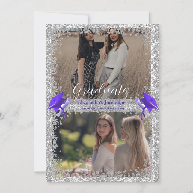 Convite Purple Gray double Graduation Party 2 photo (Verso)
