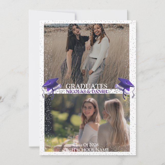 Convite Purple Gray double Graduation Party 2 photo (Verso)