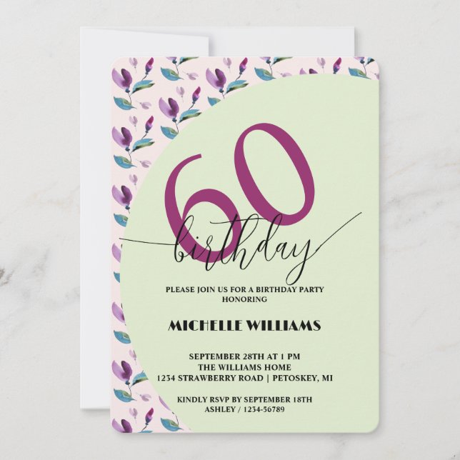 Convite Purple Green Floral Watercolor Birthday (Frente)