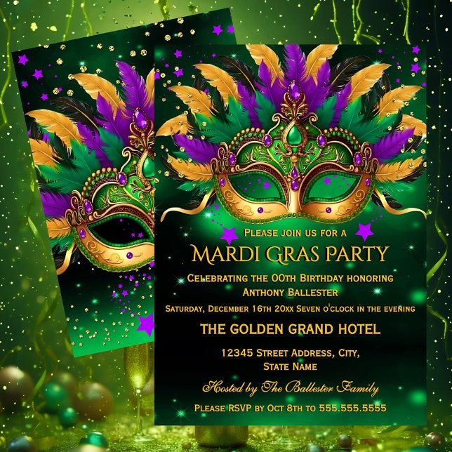 Convite Purple Green Gold Masks Mardi Gras Birthday Party (Criador carregado)