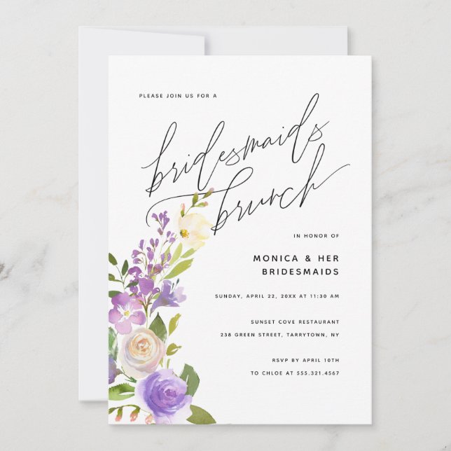 Convite Purple Greenery Floral Bridesmaids Partido Brunch (Frente)