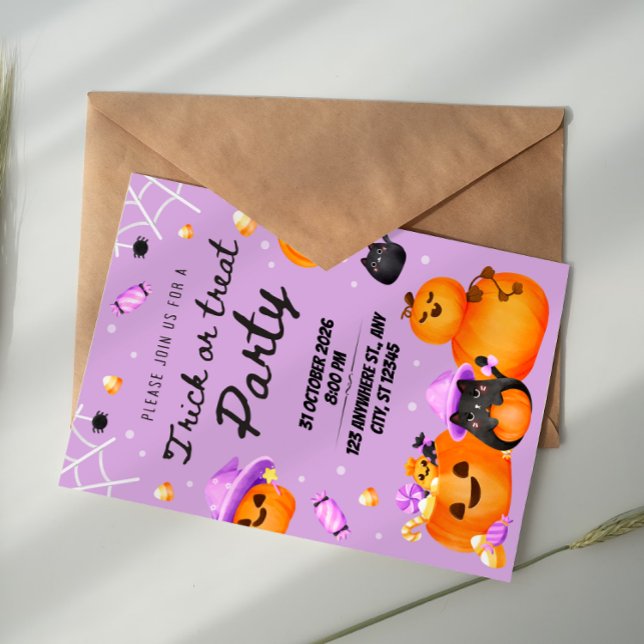 Convite Purple Halloween Trick or Treat Party Invitation (Criador carregado)