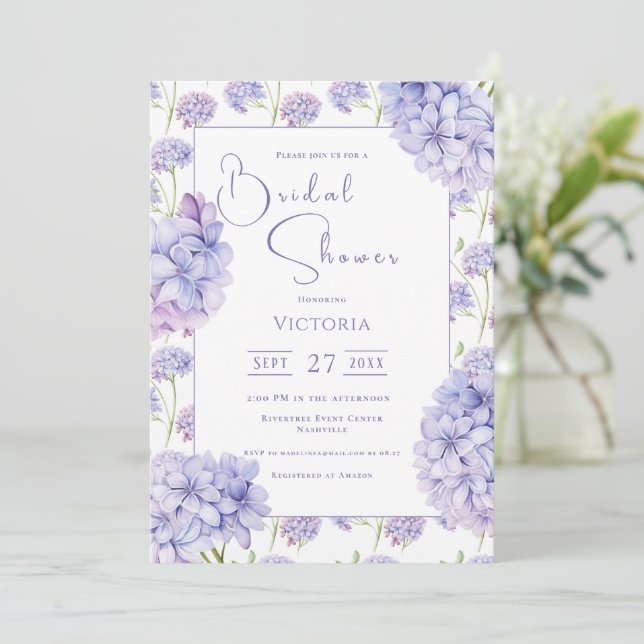 Convite Purple Hydrangea Floral Bridal Shower Invitation (Em pé/Frente)