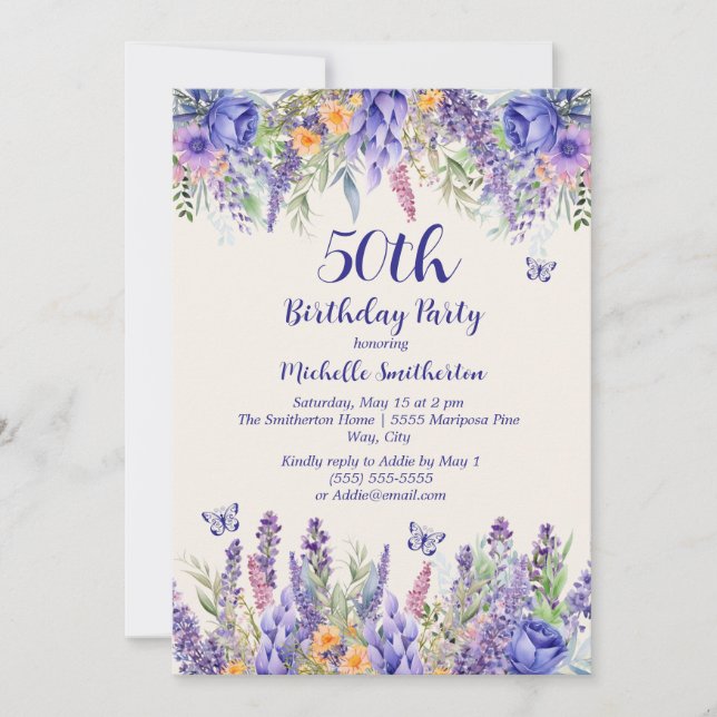 Convite Purple Lavender Floral Garden Party 50th Birthday (Frente)