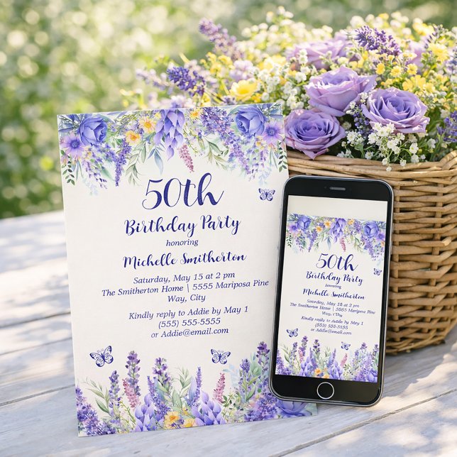 Convite Purple Lavender Floral Garden Party 50th Birthday (Celebrate 50 years with a garden party!)