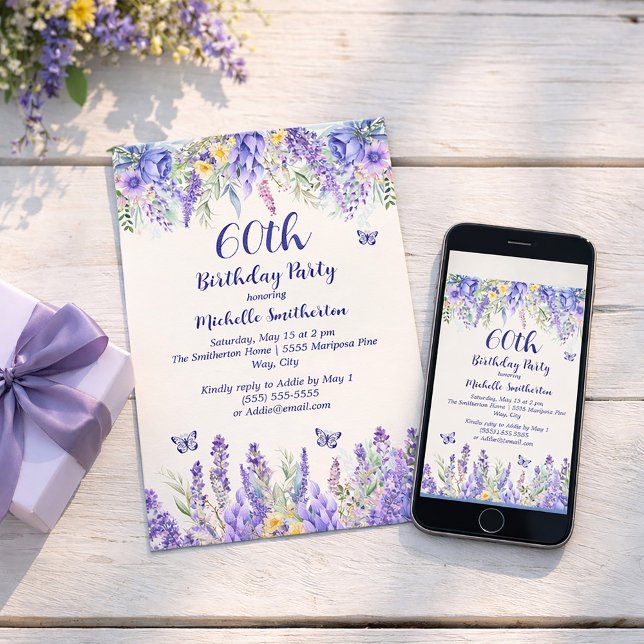 Convite Purple Lavender Floral Garden Party 60th Birthday (60 years!  Celebrate!)