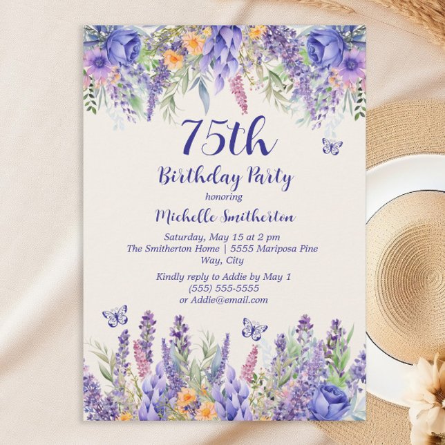 Convite Purple Lavender Floral Garden Party 75th Birthday (Cheers to 75 years!)
