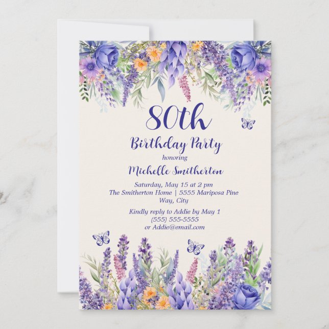 Convite Purple Lavender Floral Garden Party 80th Birthday (Frente)