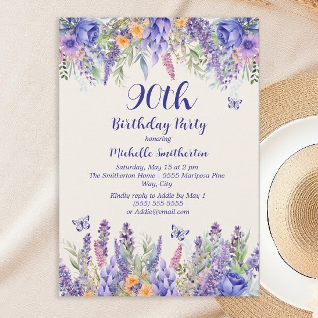 Convite Purple Lavender Floral Garden Party 90th Birthday (Celebrating 90 years)