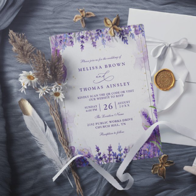 Convite Purple Lavender Floral Modern QR Code Wedding (Criador carregado)