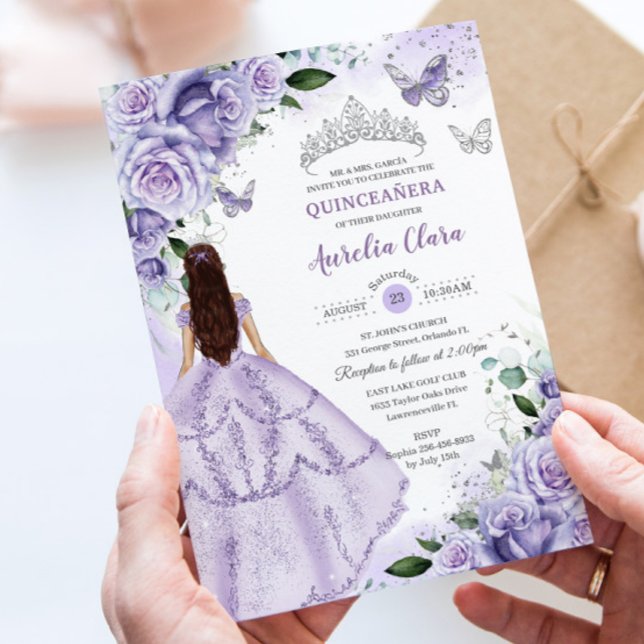 Convite Purple Lavender Floral Silver Quinceanera Sweet 16 (Criador carregado)
