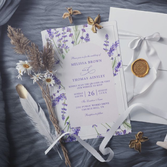 Convite Purple Lavender Rustic Budget QR Code Wedding (Criador carregado)