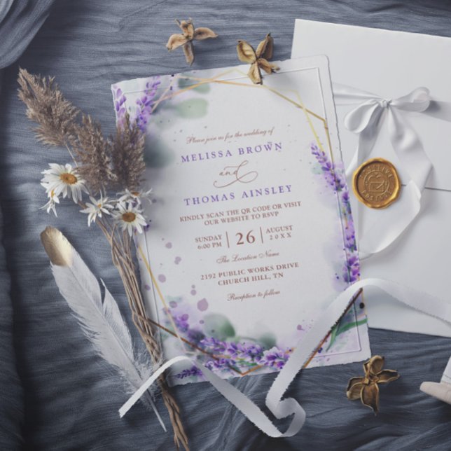 Convite Purple Lavender Rustic Floral QR Code Wedding (Criador carregado)