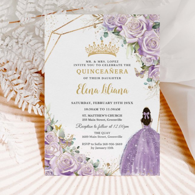 Convite Purple Lilac Floral Princesa Dourada Quinceañera X (Criador carregado)