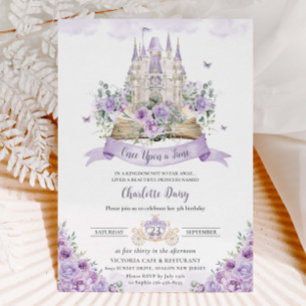 Convite Purple Lilac Floral Princess Castle Storybook
