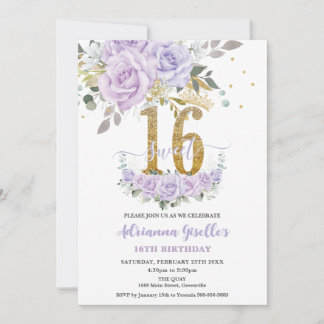 Convite Purple Lilac Floral Sweet Sixteen 16th Birthday