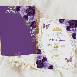 Convite Purple Lilac Quinceañera Dourada Tiara Geométrica