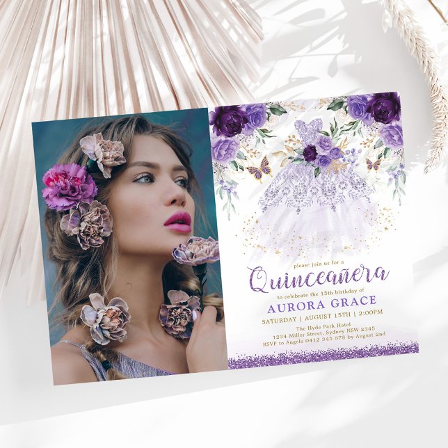 Convite Purple Lilac Quinceañera Princesa Vestida Borbolet (Criador carregado)