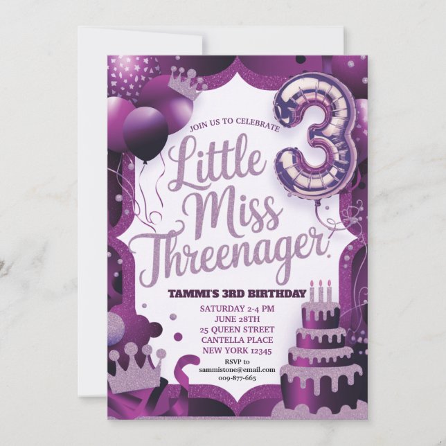 Convite Purple Little Miss Threenager (Frente)