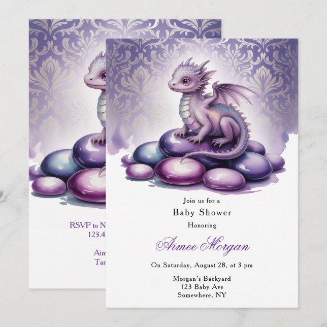 Convite Purple Magical Dragon Baby Shower (Frente/Verso)