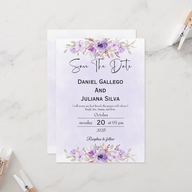 Convite Purple Minimalist Floral Wedding Save the Date (Frente/Verso In Situ)
