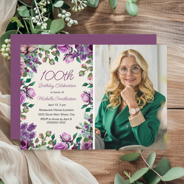 Convite Purple Mint Green Floral 100th Aniversário Foto (Purple and mint green floral 100th birthday party photo invitation)