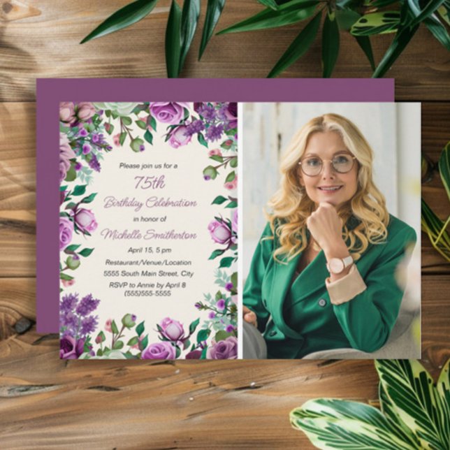 Convite Purple Mint Green Floral 75º Foto de aniversário (Purple watercolor floral and green leaves women's 75th birthday party photo invitation)