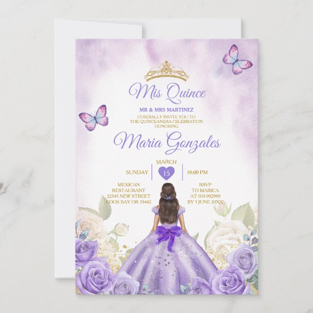 Convite Purple Mis Quince Lavanda 15 Anos Silver Crown (Frente)