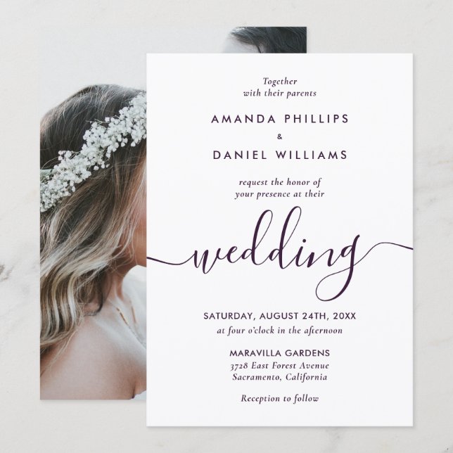 Convite Purple Modern Script Elegant Photo Wedding (Frente/Verso)