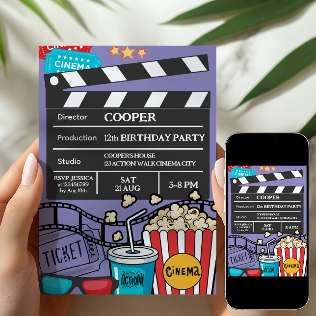 Convite Purple Movie Night Birthday Party For Boys (Criador carregado)