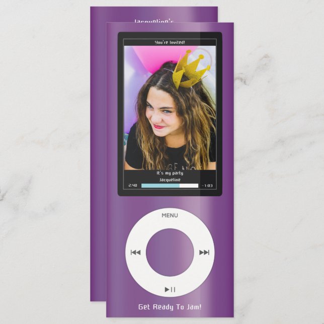 Convite Purple MP3 Music Player II Birthday (Frente/Verso)
