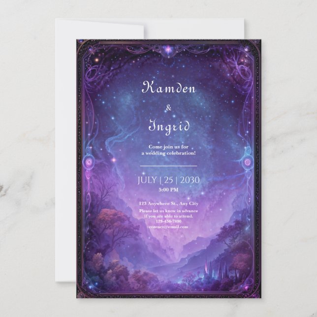 Convite Purple Nebula Celestial Galaxy Vista Wedding (Frente)
