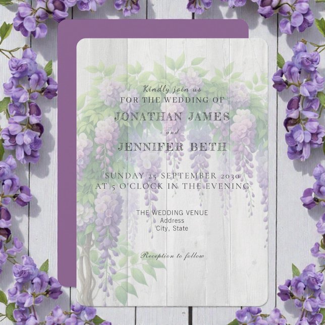 Convite Purple on Wood Wisteria Floral Wedding Invitation (Criador carregado)