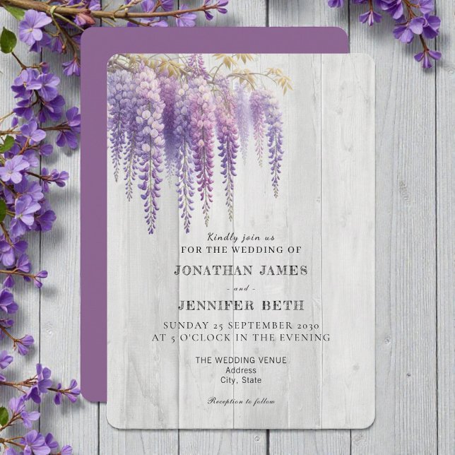 Convite Purple on Wood Wisteria Floral Wedding Invitation (Criador carregado)