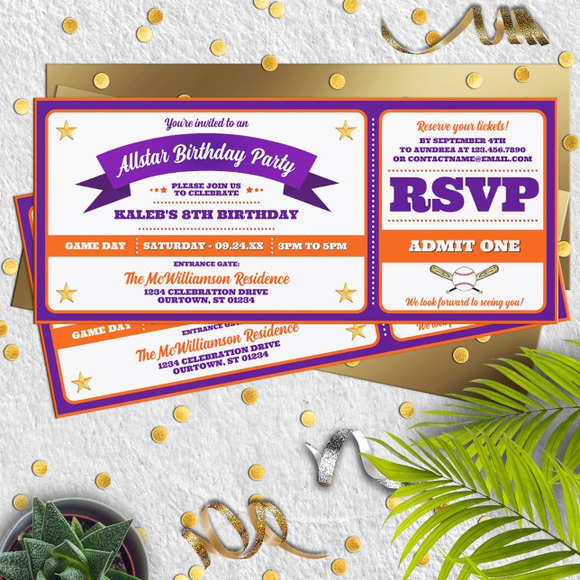 Convite Purple & Orange Baseball Allstar Ticket Birthday (Criador carregado)