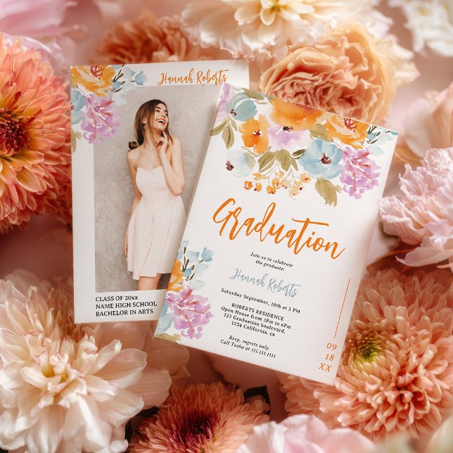 Convite Purple Orange photo Boho floral graduation (Purple Orange photo Boho floral graduation Invitation)