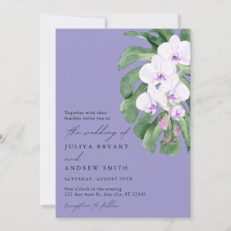 Convite Purple Orchid on Tropical leaf script wedding