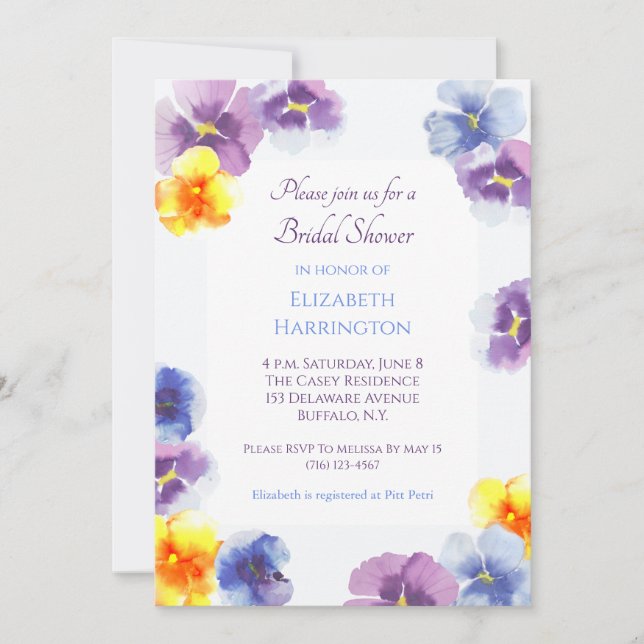 Convite Purple Pansies Boho Hand-Illustrated Bridal Shower (Frente)
