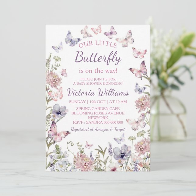 Convite Purple Pink Butterfly Baby Girl Baby Shower (Em pé/Frente)