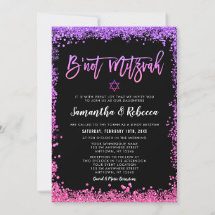 Convite Purple Pink Faux Glitter B'not Mitzvah